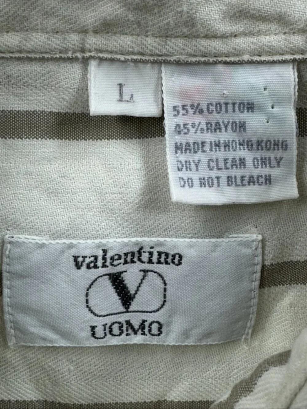 VTG Valentino Uomo Button-Down Large Striped White Gray Cotton Rayon Pocket Mens